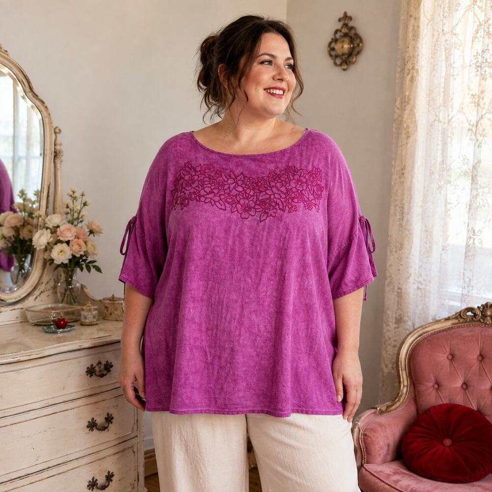 Christopher & Banks Fuchsia Embroidered Flutter Sleeve Wide Scoop Neck NWT - XL